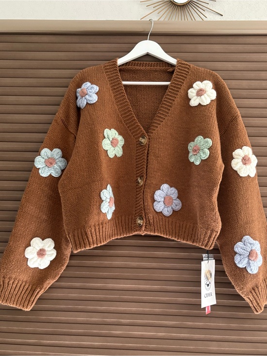 Cider Sweaters - Cider Rust Brown Cropped Floral Patch Cardigan